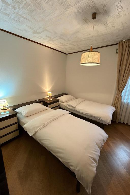 a bedroom with two beds and a chandelier at Casa Checolongo by Sunhome Fiemme in Ziano di Fiemme