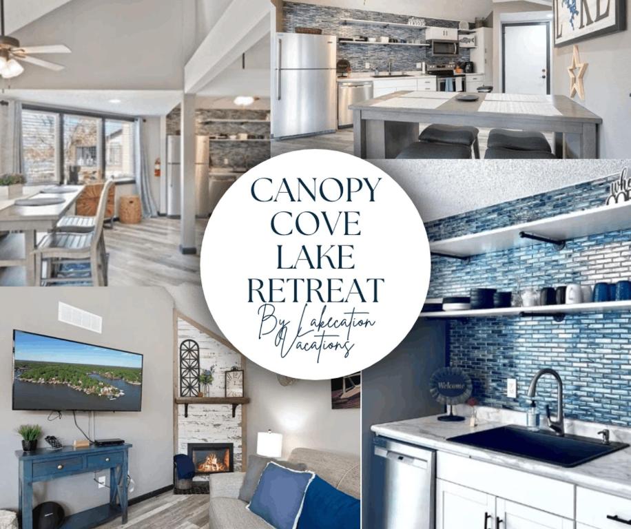 a collage of photos of a kitchen and a living room at Lakefront Home-3bd25badockgrillfirepitpool in Arrowhead Beach