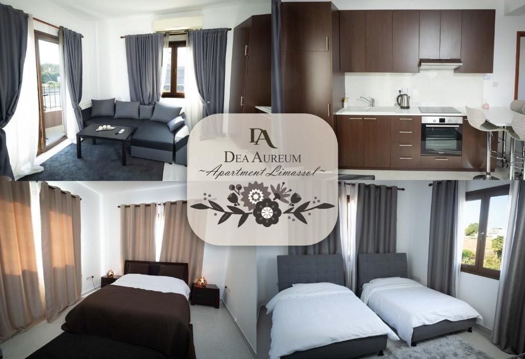 een kleine kamer met 2 bedden en een keuken bij Dea Aureum Apartment Limassol in Limassol