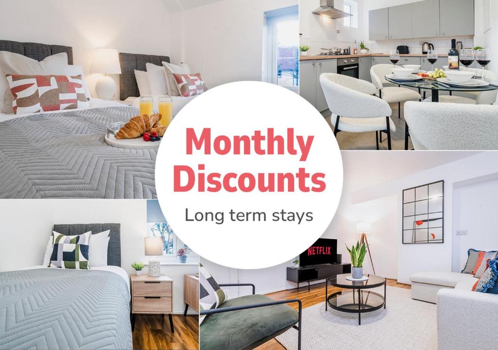 eine Collage mit Fotos von einem Schlafzimmer und einem Wohnzimmer in der Unterkunft 3 Bedroom House, Kingston - London Waterloo 30 mins, FREE Parking in Kingston upon Thames