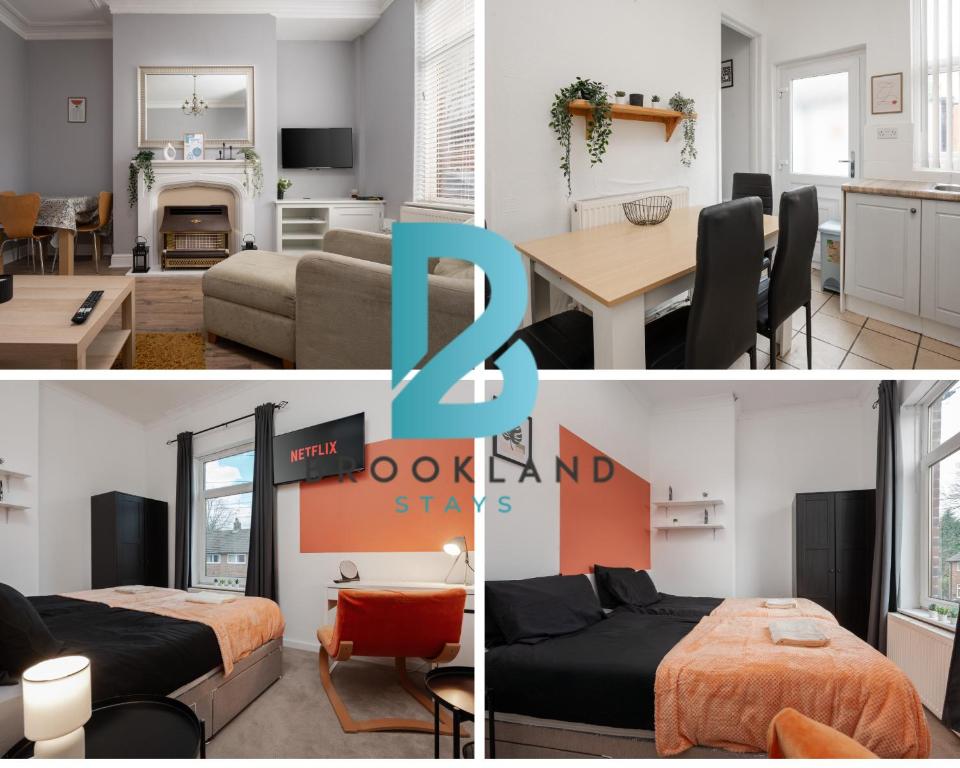 a collage of two pictures of a room at Three Bedroom House by Brookland Stays Serviced Accommodation Short Lets Manchester with Free WiFi in Stalybridge