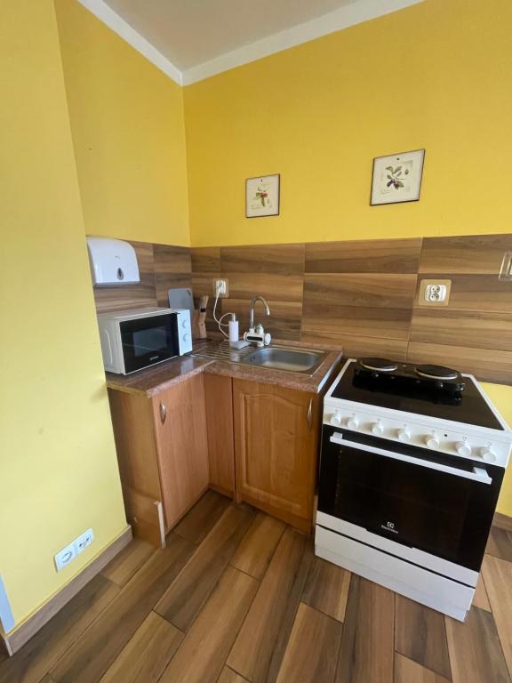 a small kitchen with a sink and a stove at Dom Wiślańskie Wzgórze in Wisła