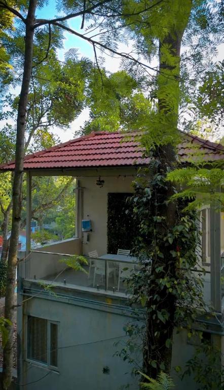 a house with a porch with a table on it at Alphineglow Hotel in Yercaud