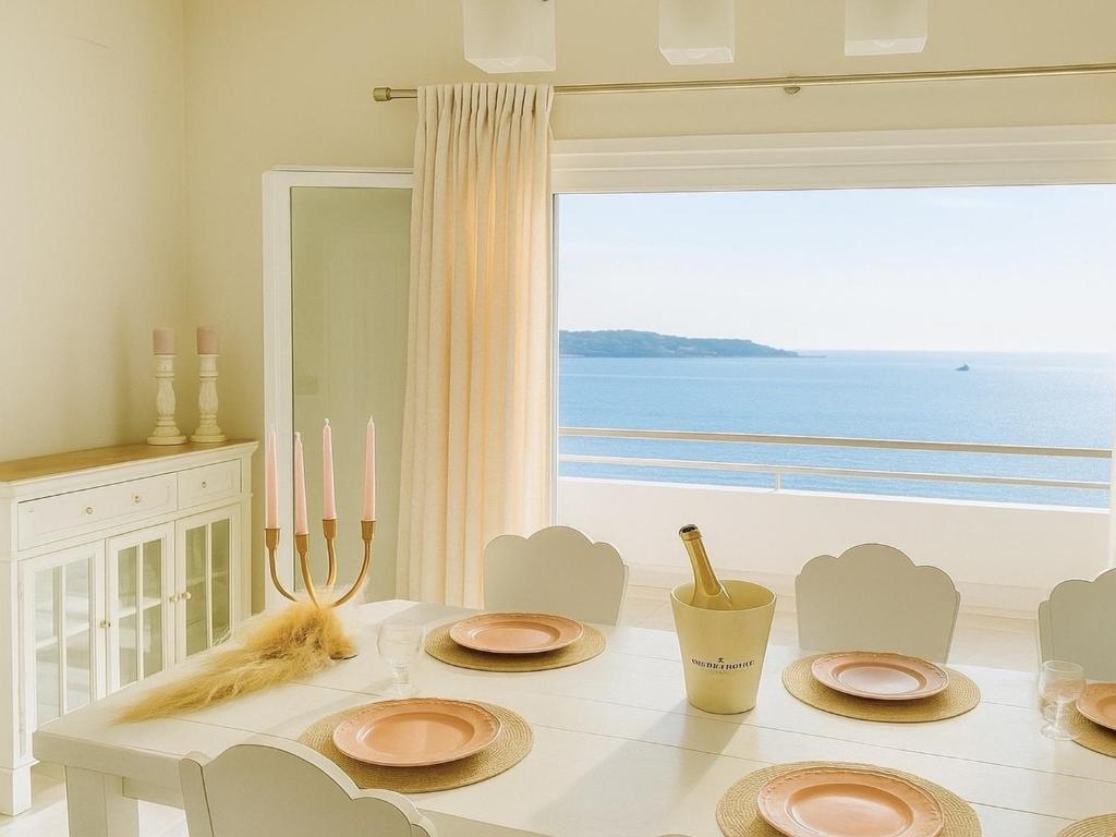 a dining room with a table with a view of the ocean at Fairy home Porto Heli in Porto Heli
