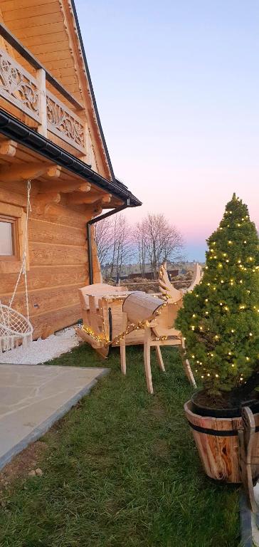 a christmas tree in a pot next to a house at Bachledowy Wierch 1 in Czerwienne