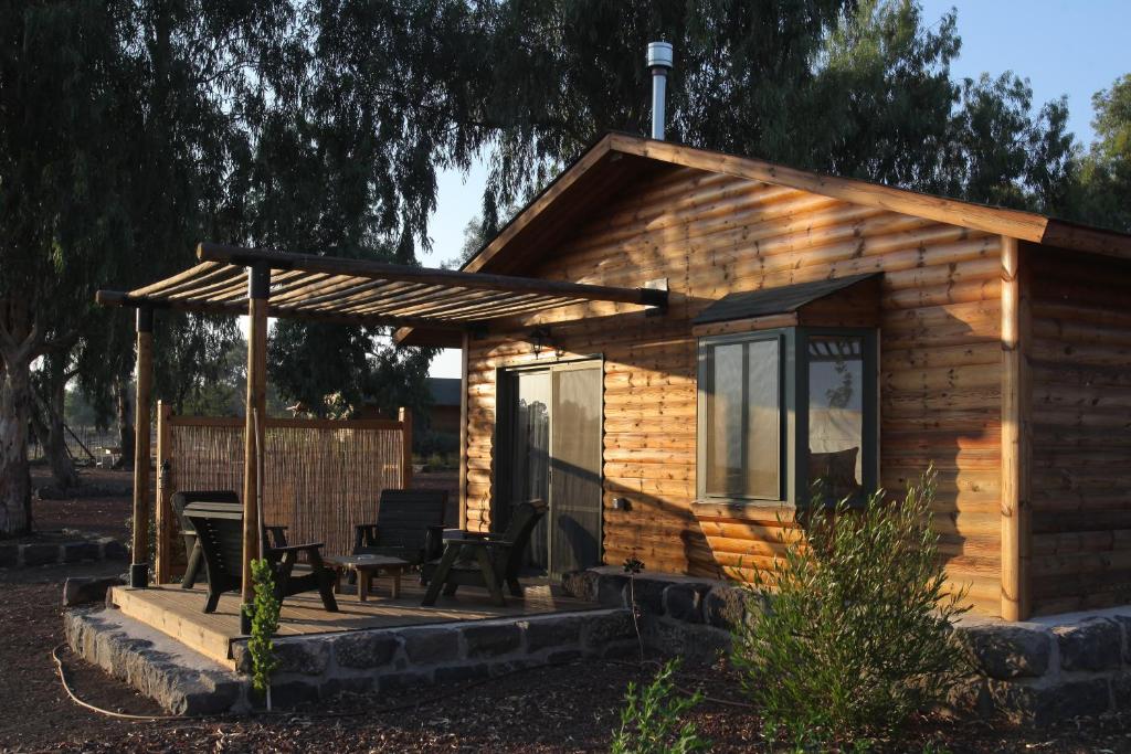 a log cabin with a picnic table in front of it at Assaf Boutique Winery & Cabins in Kidmat Tsvi