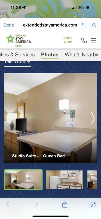 a page of a hotel room with a bed and a desk at Extended Stay America in Clearwater