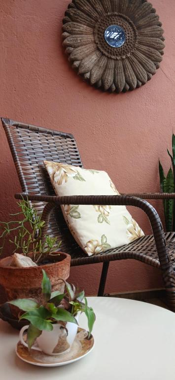 a wicker chair with pillows and a plate with a plant at Casa Central in Socorro