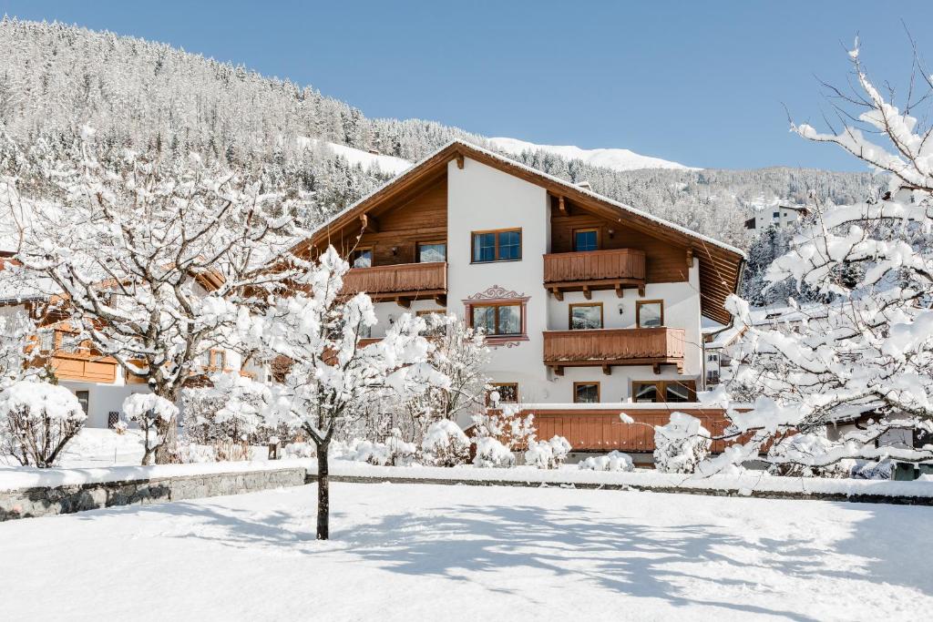 a house in the snow with snow covered trees at Aclavaldafur Apart in Nauders