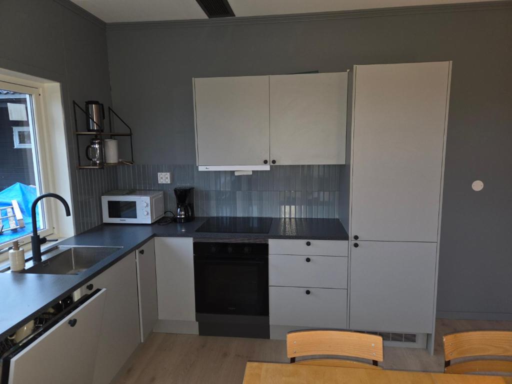 een keuken met witte kasten, een spoelbak en een magnetron bij Aurora Andøya in Andøya