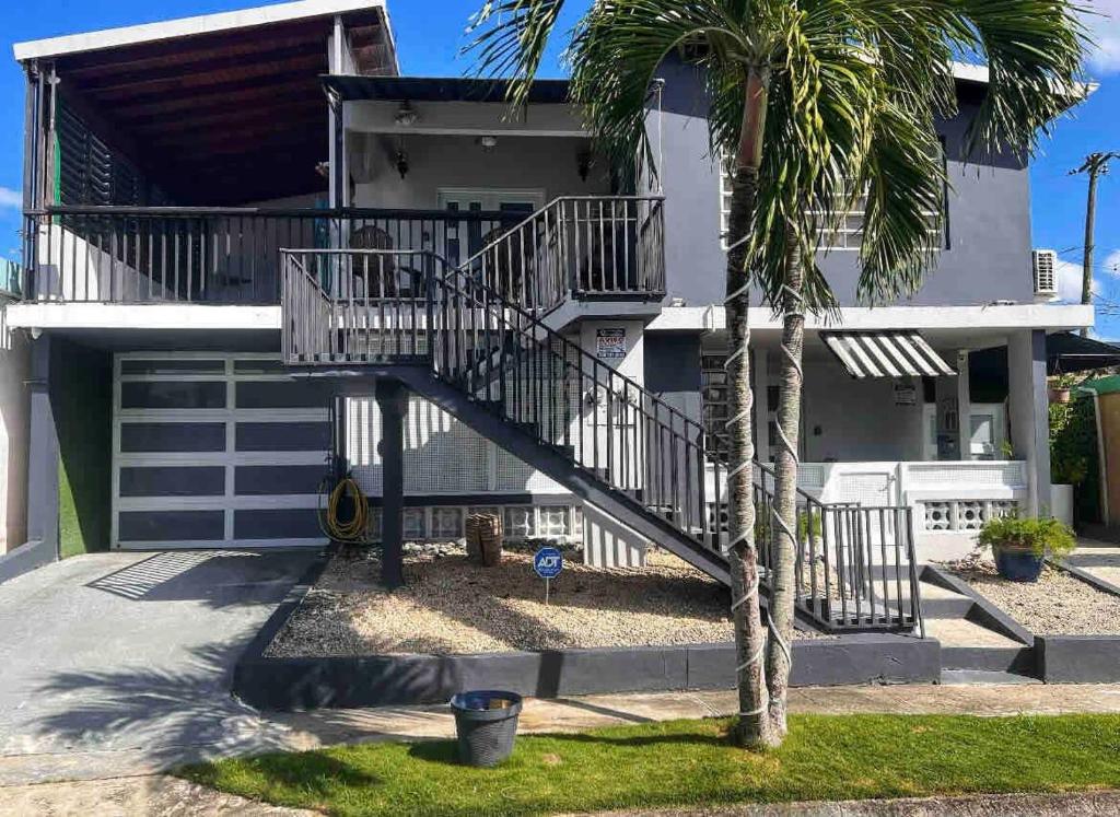 a staircase in front of a house with a palm tree at Cayenne | Cozy Apt | Generator/Cistern | Bayamón in Forest Hills