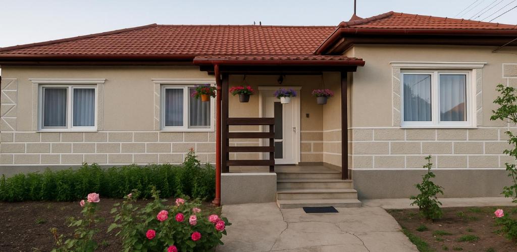a house with a door and flowers in front of it at Luci's House in Jucu de Mijloc