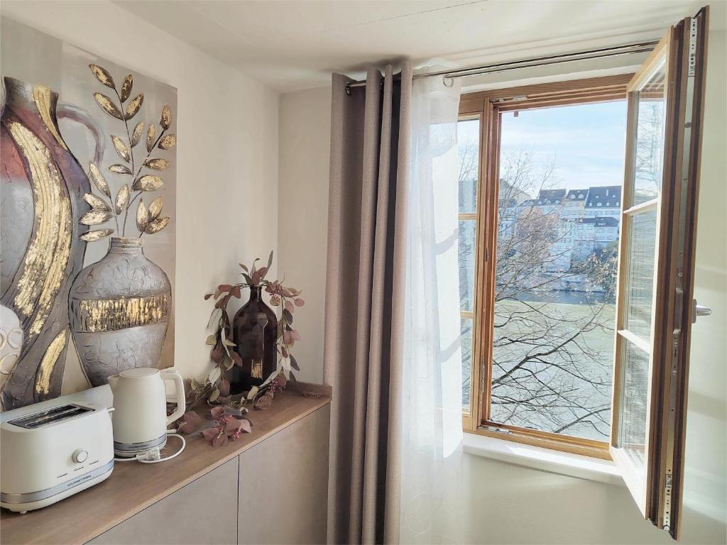 een kamer met een raam en een vaas op een plank bij Casa Rheinblick - Apartment C in Bazel