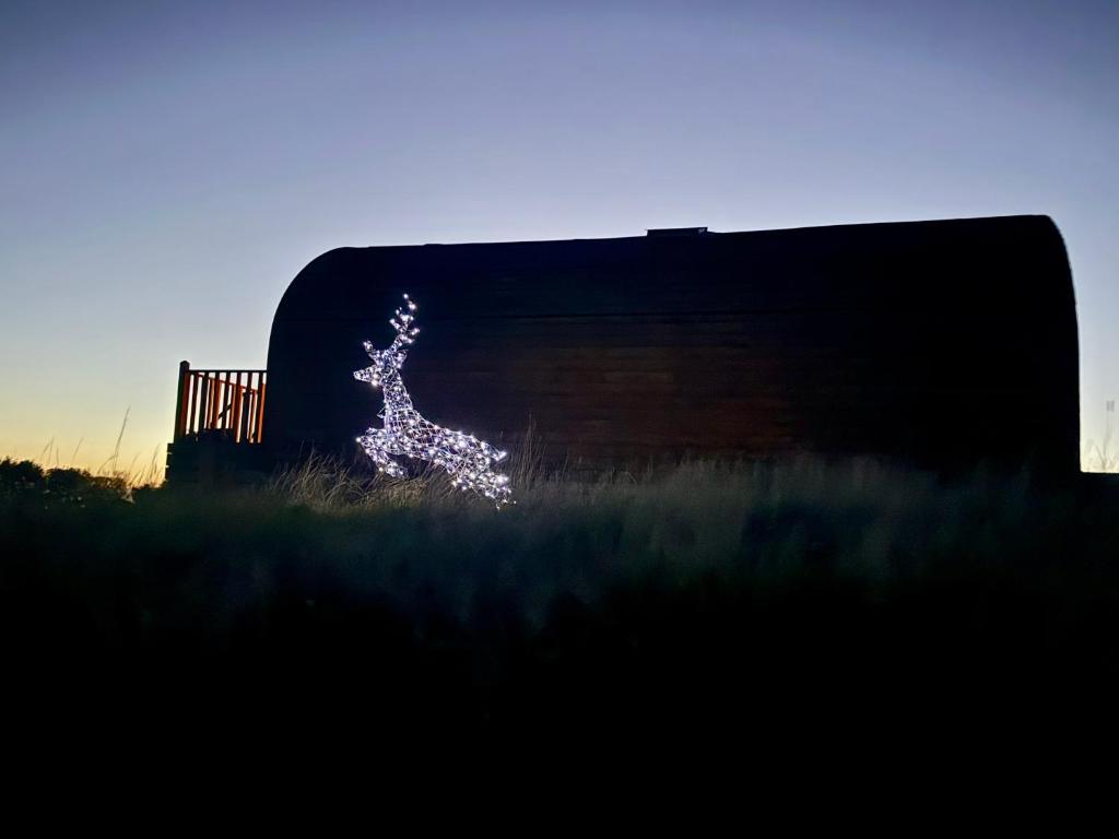 Una decoración navideña de un ciervo en un campo en Autumn Special Offer - Secluded Luxury Cabins with stream, stargazing, walks and nature - Fell Farm Hideaway, en Colwell