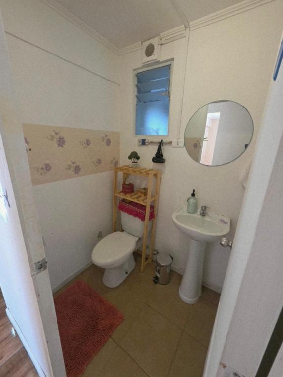 a bathroom with a sink and a toilet and a mirror at Departamento Dichato hasta 7 personas frente a la playa in Dichato