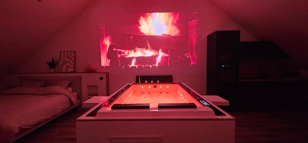 a room with a pool table in front of a fireplace at La suite Cherbourgeoise in Cherbourg en Cotentin