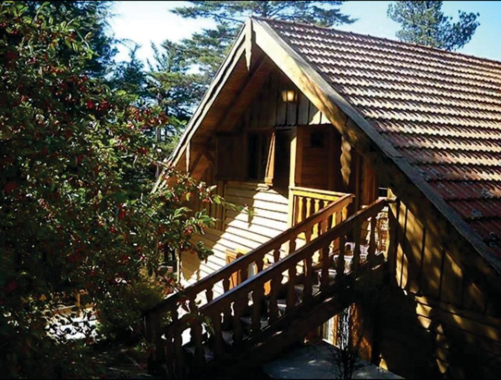 eine Holztreppe, die zu einer Hütte mit einem Haus führt in der Unterkunft Complejo Los Abedules in La Cumbrecita