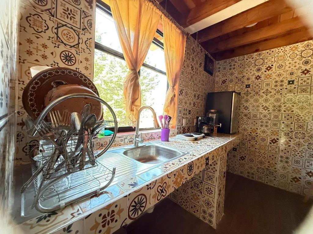 a kitchen counter with a sink and a window at Hotel Quinta Los Nogales in Tlalpujahua de Rayón
