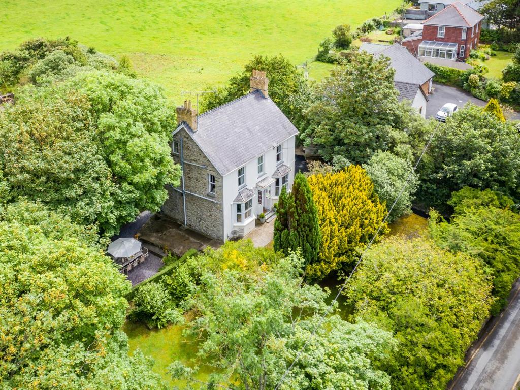 an aerial view of a house in the middle of trees at Tremle in Penbryn