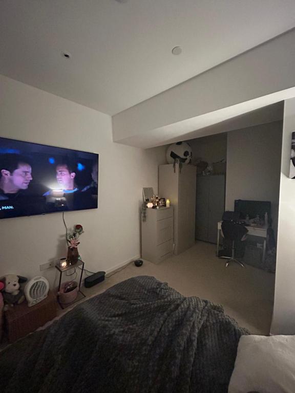 イルフォードにあるSpacious ensuite room in front of stationのベッドと薄型テレビのある寝室