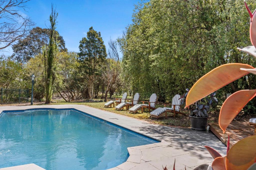 a swimming pool in a yard with chairs and trees at Raygold Park Equestrian Accommodation plus Pool House in Moorooduc
