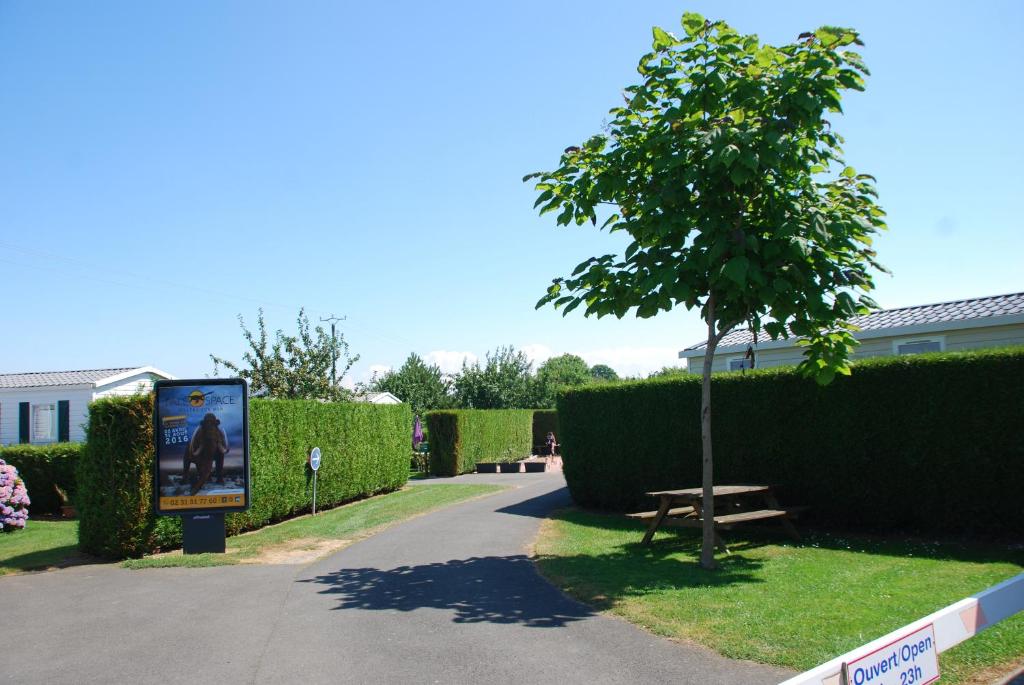 een boom en een bank naast een gebouw bij Le Clos Tranquille in Gonneville-en-Auge