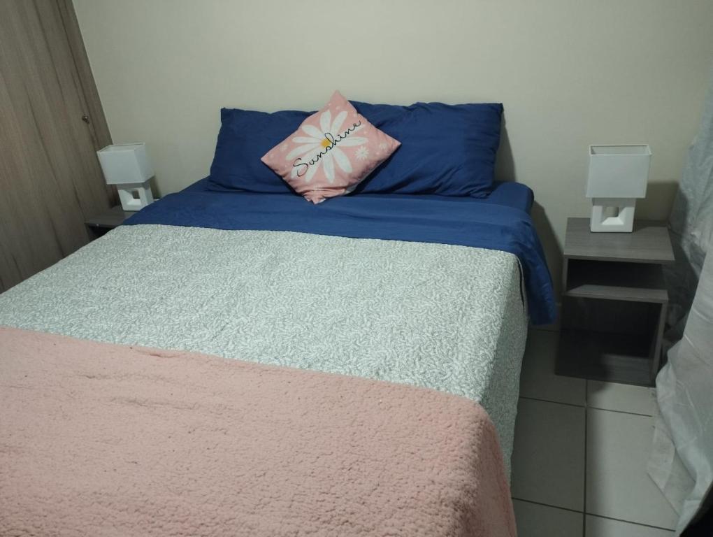 ein Schlafzimmer mit einem Bett mit einem rosa Kissen darauf in der Unterkunft Condominio cumbres de reñaca ll in Viña del Mar