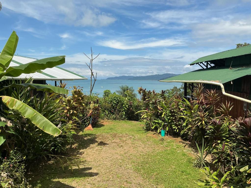 a view of the ocean from a house with a garden at Corcovado Air in Drake