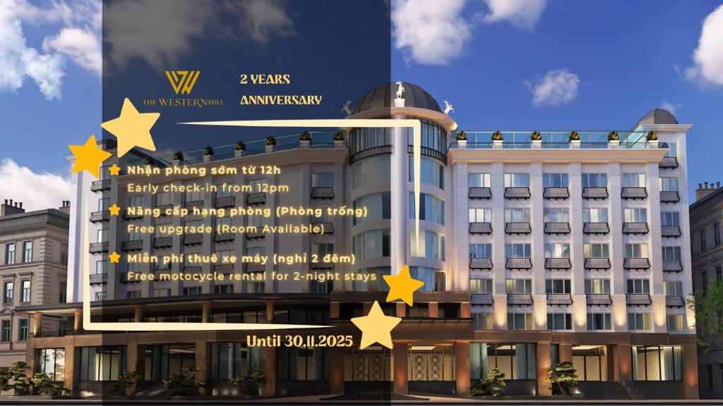 eine Darstellung eines Gebäudes mit gelben Sternen in der Unterkunft The Western Hill Dalat Hotel in Da Lat