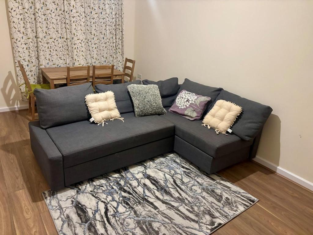 ウォルヴァーハンプトンにあるFlat 8 Hadenのリビングルーム(青いソファ、枕付)