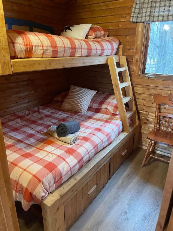 a bedroom with two bunk beds in a log cabin at chalet 5 Domaine de l'Archipel in Sorel