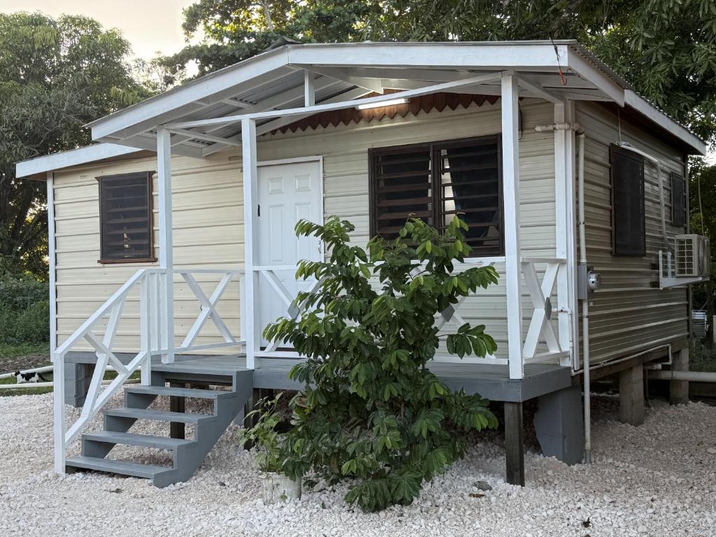 Una pequeña casa con porche y escalera. en Delva's Villa, en Ciudad de Belice