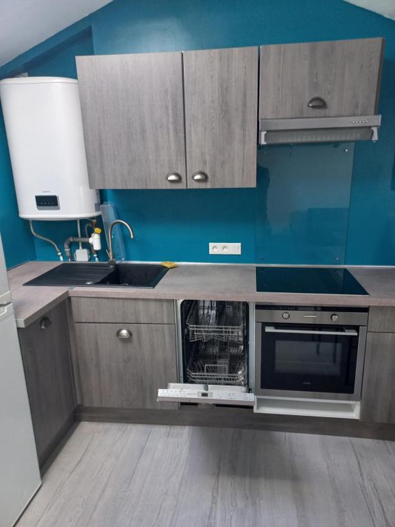 a kitchen with a sink and a oven in it at T2 refait à Neuf au calme avec TV et Fibre in Craponne