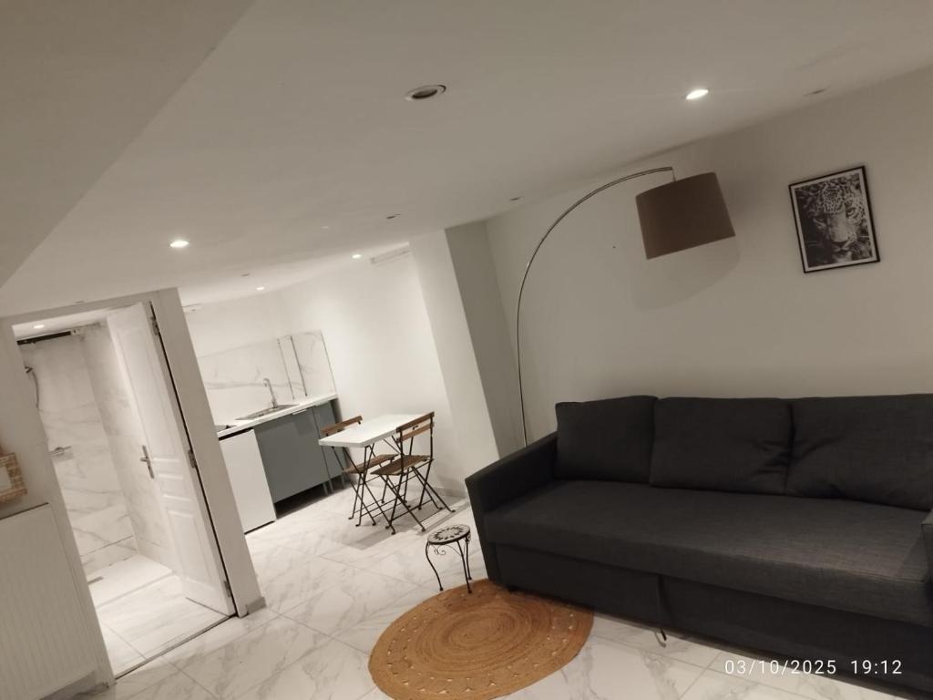 ein Wohnzimmer mit einer schwarzen Couch und einer Küche in der Unterkunft Studio à Eckbolsheim proche CV et marché de Noël de Strasbourg in Eckbolsheim