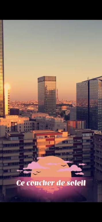 een uitzicht op een stad met ondergaande zon bij Suite vue sur la Tour Eiffel in Courbevoie
