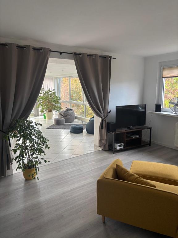 a living room with a couch and a tv at Ferienwohnung Im Grünen in Schramberg