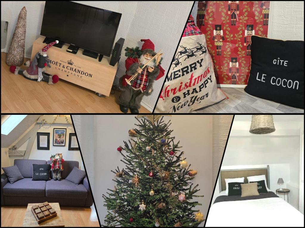 a collage of photos with a christmas tree in a living room at Le Cocon proche Maisons de Champagne in Ay