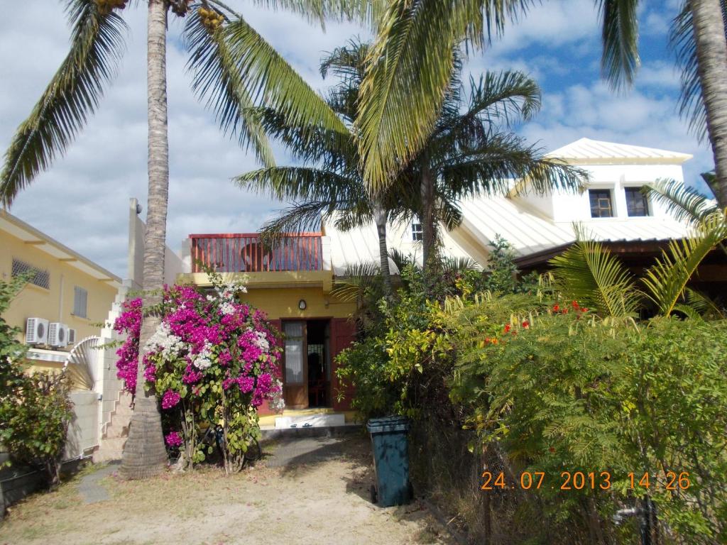 a house with palm trees and flowers in front of it at laréunion in Maison Henou