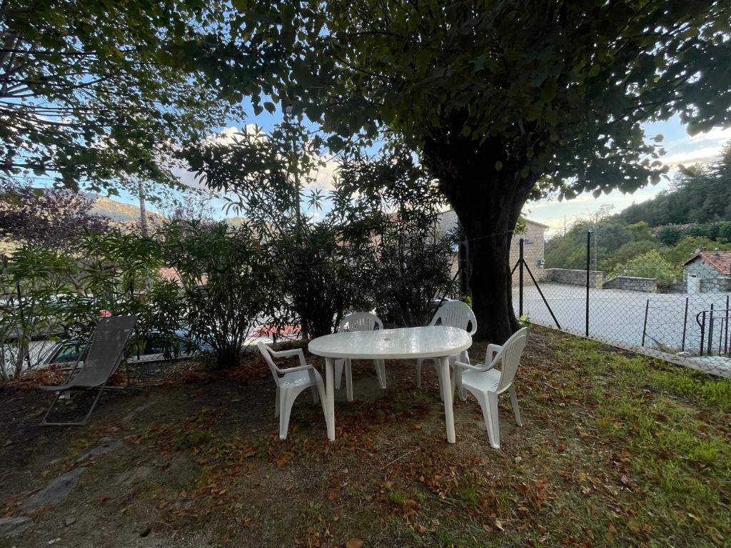 a white table and chairs under a tree at Casa Marie in Sampolo