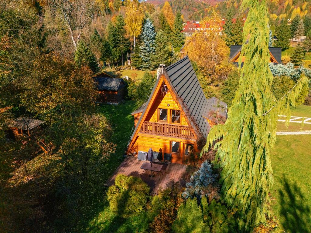 an overhead view of a log cabin in the forest at Domki Janosik - Góralski domek z kominkiem, przyjazny zwierzętom, ogrodzony, Łopuszna w Gorcach in Łopuszna