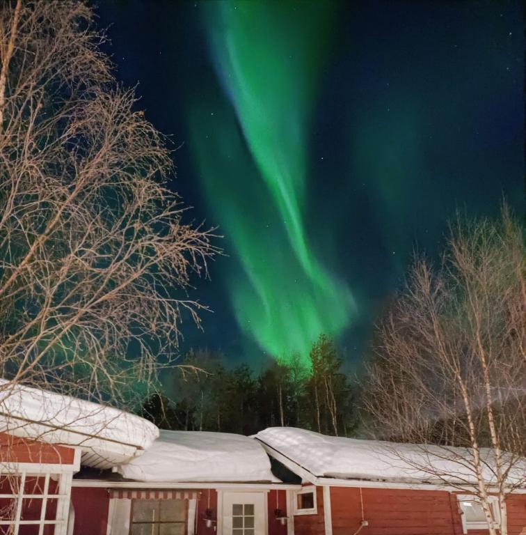 an aurora shines in the sky over a house at Tiitun Tupa Ivalo in Ivalo