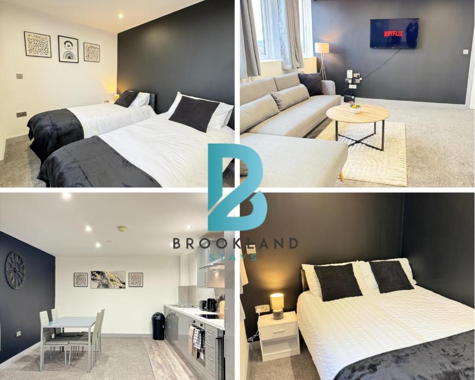 Ένα ή περισσότερα κρεβάτια σε δωμάτιο στο Two Bedroom Flat by Brookland Stays Serviced Accommodation Short Lets Leeds with Free WiFi