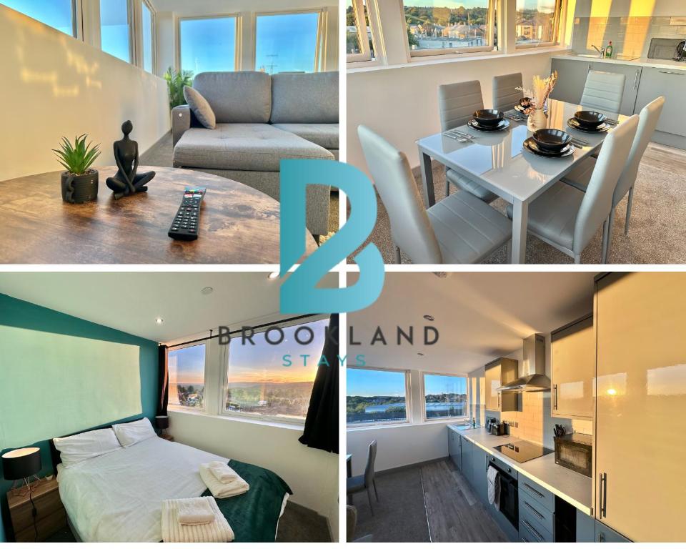 a collage of photos of a living room and dining room at Two Bedroom Flat by Brookland Stays Serviced Accommodation Short Lets Leeds with Free WiFi in Yeadon