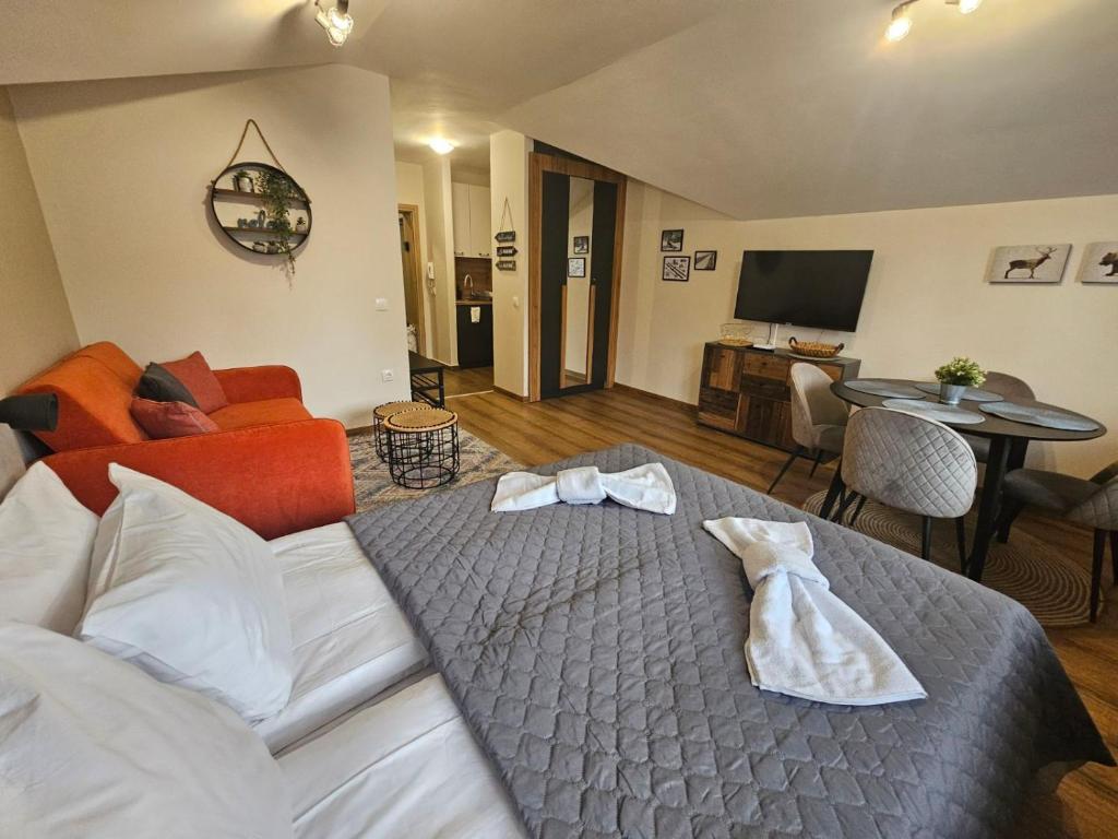 een slaapkamer met een bed en een woonkamer bij Rustic Mountain Apartment - A55 in Borovets