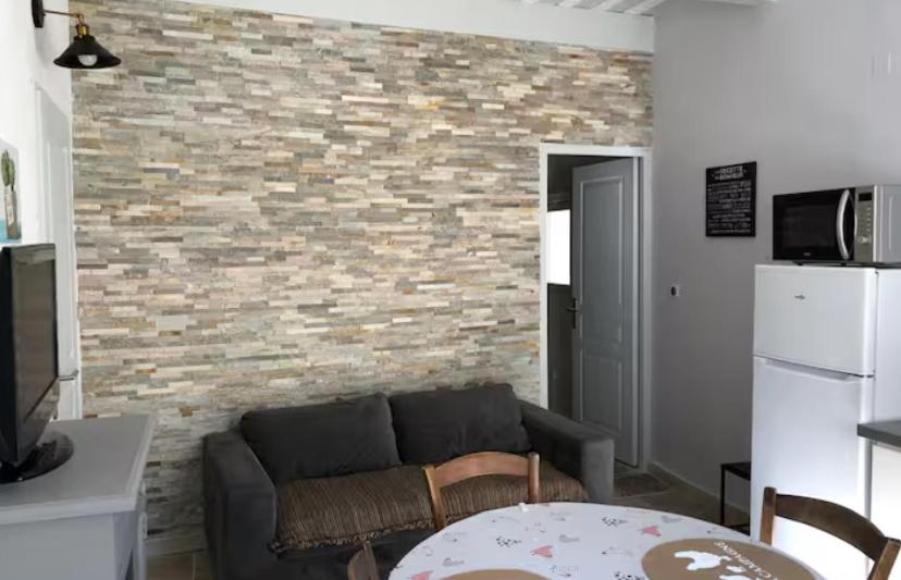 ein Wohnzimmer mit einer Couch und einer Ziegelwand in der Unterkunft Au coeur de la Venise Povençale in LʼIsle-sur-la-Sorgue