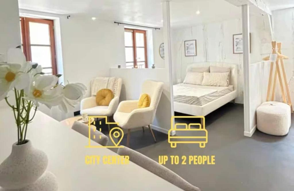 a living room with a couch and two chairs at Éclat du Safran - au cœur de Auxerre in Auxerre