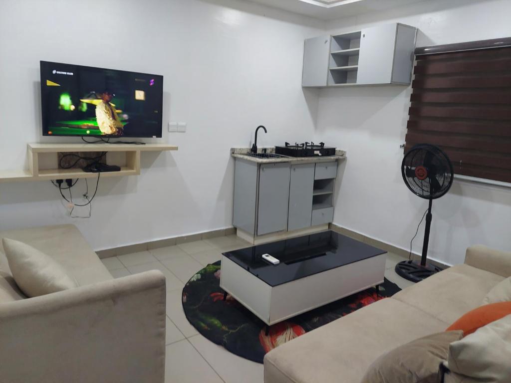 ein Wohnzimmer mit Flachbildfernseher und Couch in der Unterkunft Lifecamp Apartments in Abuja