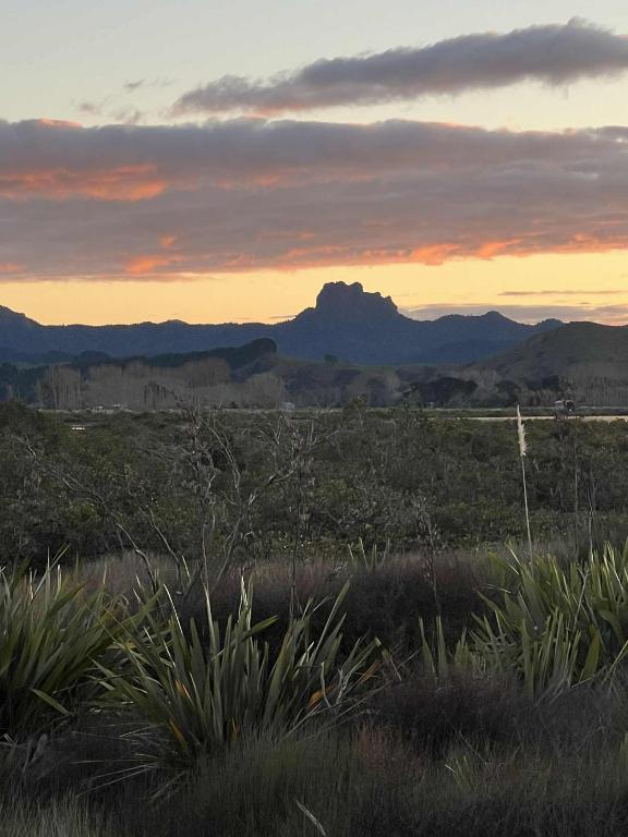 a sunset in a field with mountains in the background at Sunset Views Matarangi in Matarangi