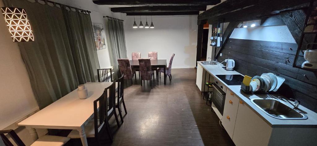 a kitchen with a sink and a table with chairs at Zentrumsnahe Apartments an der Bucht in Rostock