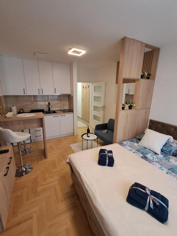 a large room with a bed and a kitchen at Apartman Pahuljica in Pale